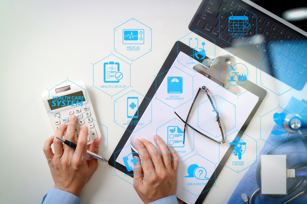 top view of Healthcare costs and fees concept.Hand of smart doct